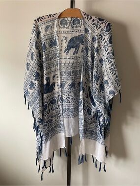 Elephant Print Fringe Tassel Kimono Beach Coverup Wrap Gauze Floral Thailand